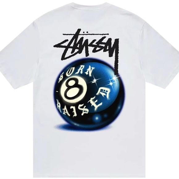 Stussy Born x Raised Collab Tee White 8 Ball FW23 Limited Edition NWT Sz L
